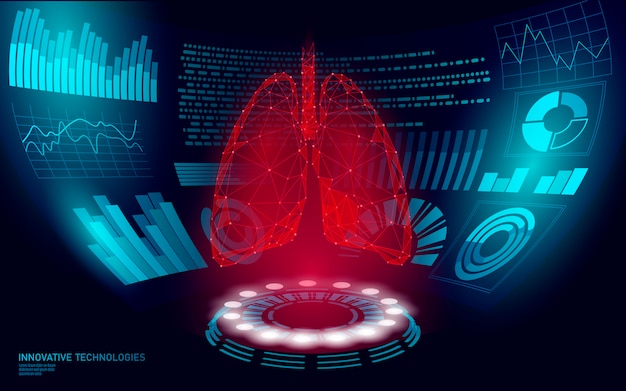 3d低ポリ人間健康な肺仮想レーザー手術操作hud Uiディスプレイ 未来の技術多角医学医学薬物治療 青い医学世界結核デーイラスト プレミアムベクター