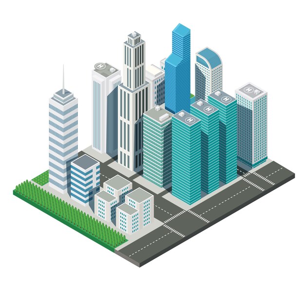 Download 3d isometric city map skyscraper landscape and streets tree, illustration vector | Premium Vector