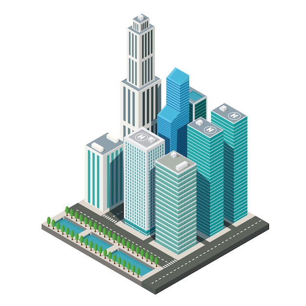 Download 3d isometric city map skyscraper landscape with canal, illustration vector | Premium Vector