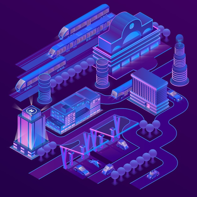 3d isometric city in ultra violet colors with modern buildings, skyscrapers, railway station Free Vector