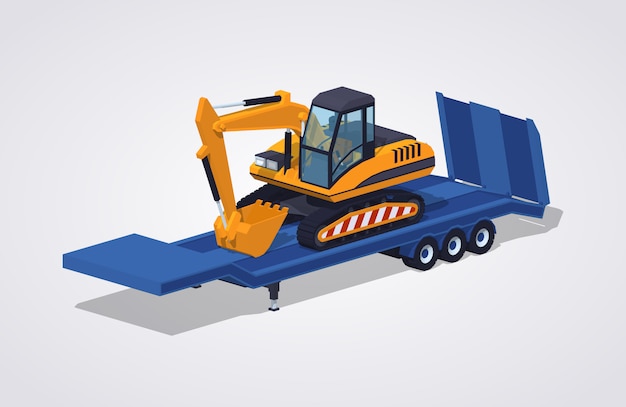 Download 3d isometric excavator on the low-bed trailer Vector | Premium Download