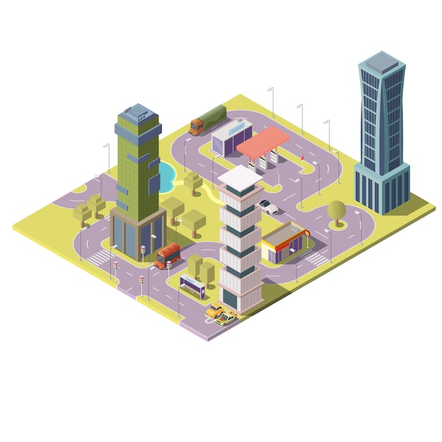 Download 3d isometric map of city with buildings | Free Vector
