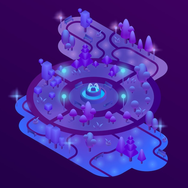 3d isometric park with purple plants, ultra violet trees, benches and fountain. map of city g Free Vector
