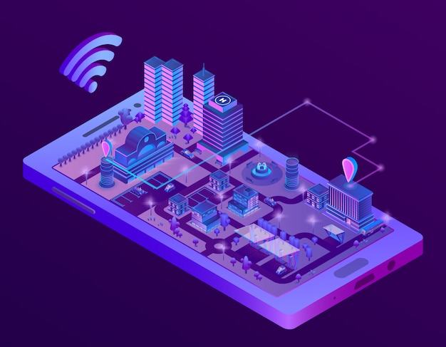 3d isometric smart city on smartphone screen, town map with navigation markers Free Vector