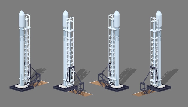 3d lowpoly isometric modern space rocket on the launch pad Premium Vector