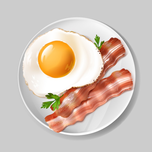 3d realistic english breakfast - tasty bacon, fried egg with green parsley on white plate. Free Vector
