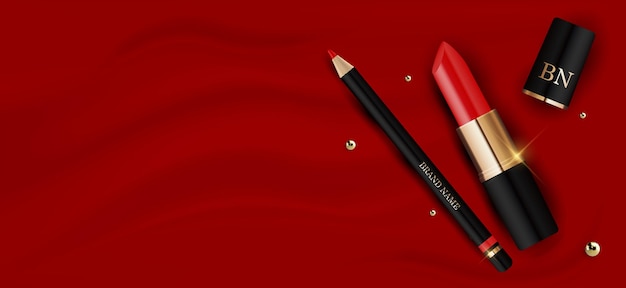 3d realistic red lipstick and pencil on red silk design template of fashion cosmetics product Premium Vector