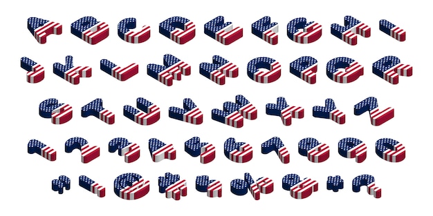 3 Dの丸みを帯びた等尺性アメリカ国旗フォント 文字 数字 記号 標識 ストックイラストクリップアート プレミアムベクター