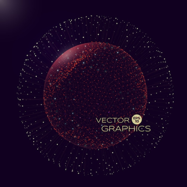 3d of spherical object in space of micro or macro world. isolated object consists of wireframe and particles with elements of explosion. Premium Vector