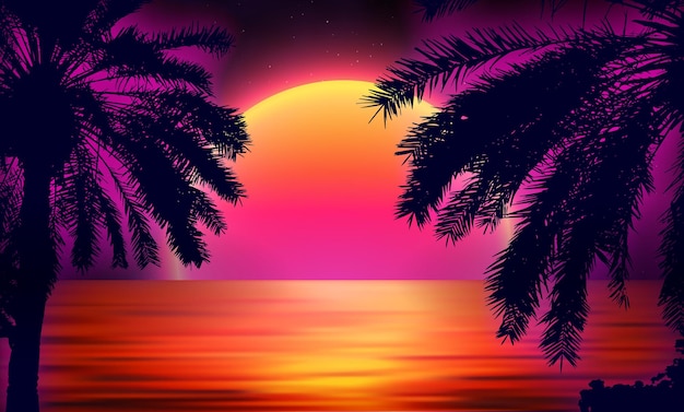 Premium Vector | 3d sunset on the beach. retro palms vector sci fi ...