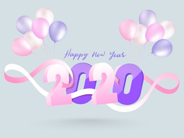 Ongebruikt 3d text 2020 decorated with pink ribbon and balloons bunch on grey KJ-98