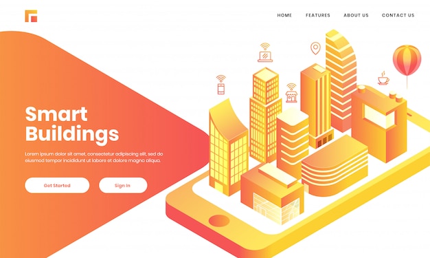 3d view of skyscaper building, home and hospital like as mobile app in smartphone for smart buildings concept based landing page design. Premium Vector