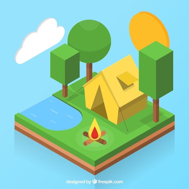 3D yellow camping tent in a forest