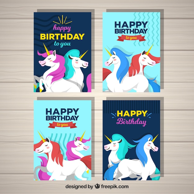 Download 4 birthday cards with unicorns Vector | Free Download