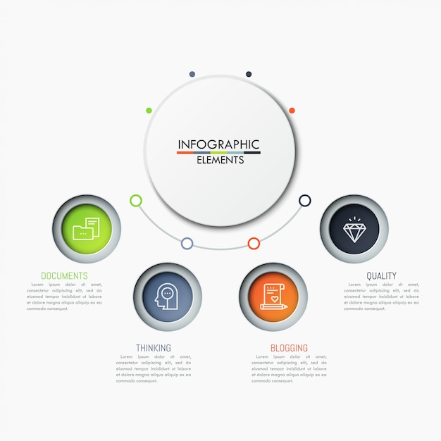 4 colorful circles with pictograms and text boxes placed in semicircle way around main element Premium Vector