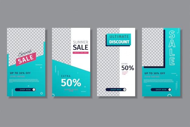 4 set instagram sale instagram stories template using blue gradient Premium Vector