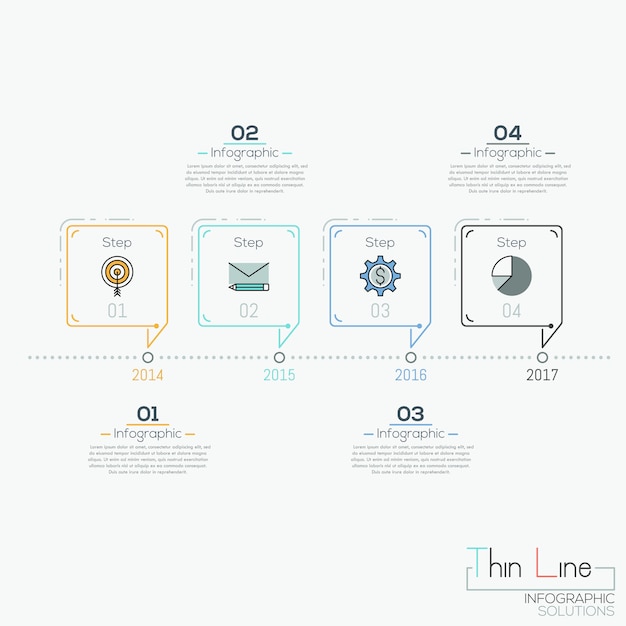 吹き出しとテキストボックスの形の4つの要素を持つ水平タイムライン プレミアムベクター