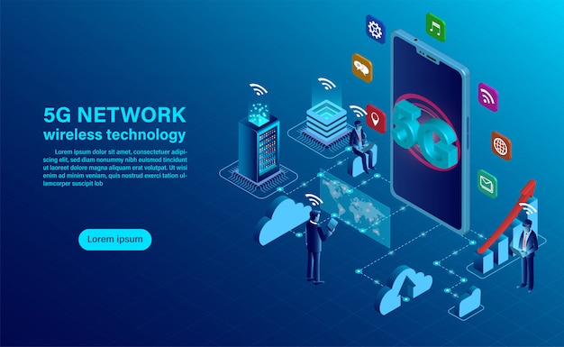 5g network wireless technology concept. smartphone with big letters 5g and people with mobile devices are sitting and standing on. Premium Vector