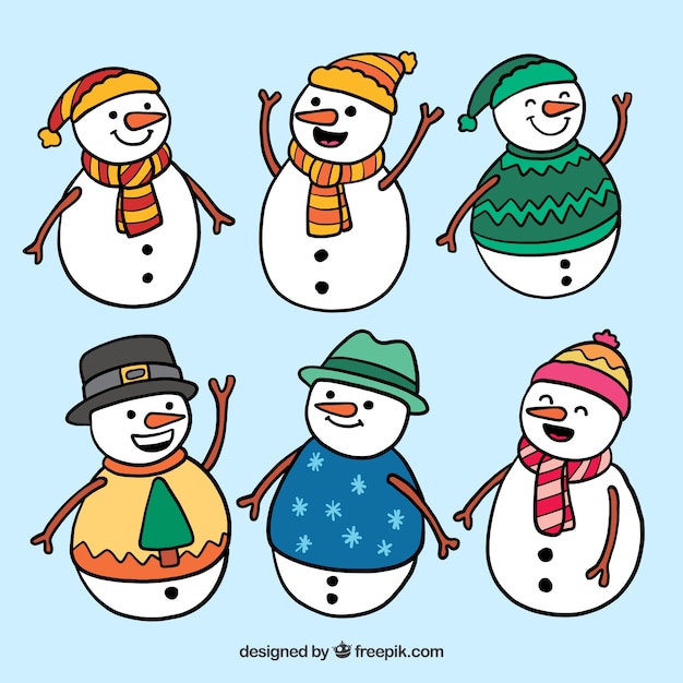 6 happy snowmen | Free Vector