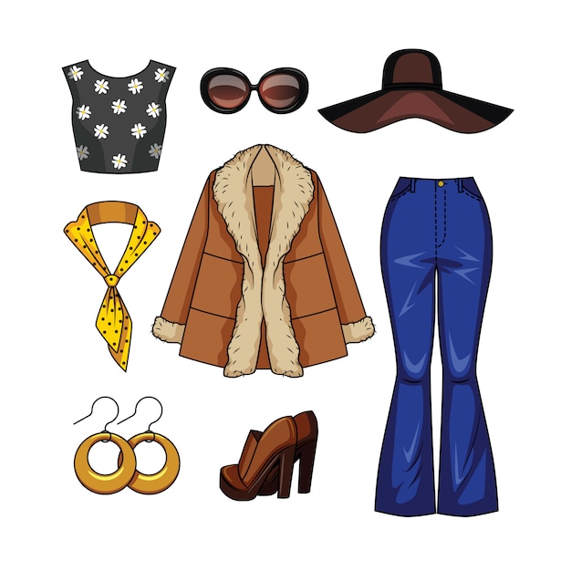 70年代のスタイルの女性のファッションの服のリアルなイラストを色付けします プレミアムベクター