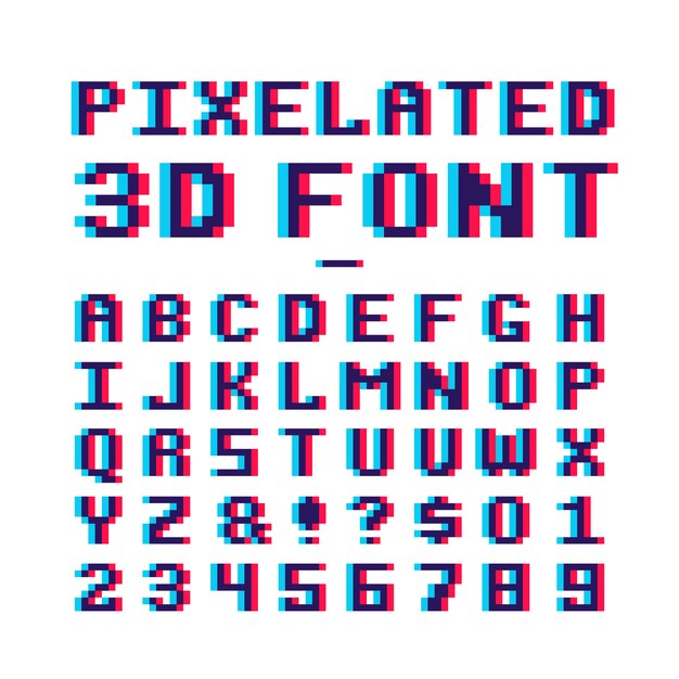 8 bit pixel art old school latin alphabet with anaglyph distortion effect Premium Vector