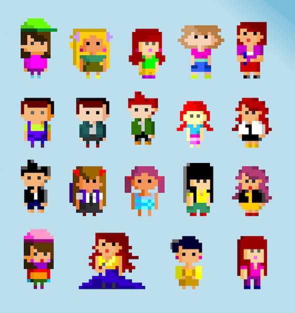 Premium Vector | 8-bit pixel people set