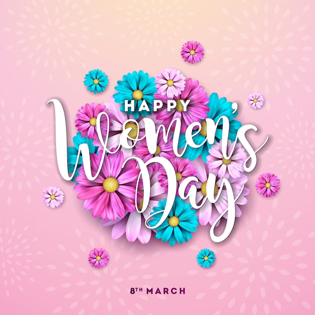 3月8日 幸せな女性の日の花のグリーティングカード ピンクの背景に花のデザインと国際休日イラスト 無料のベクター