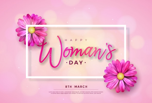 無料のベクター 3月8日 幸せな女性の日の花のグリーティングカード ピンクの背景に花のデザインと国際休日イラスト