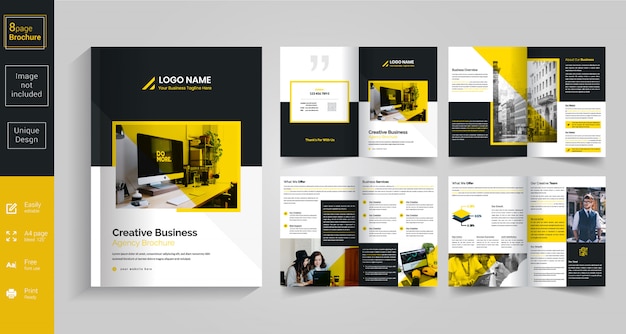 8 pages yellow brochure design Premium Vector
