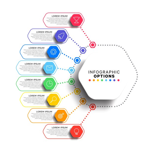 8 steps infographic template with realistic hexagonal elements on white ...