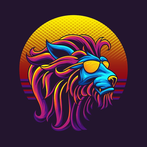 80s lion head illustration Premium Vector