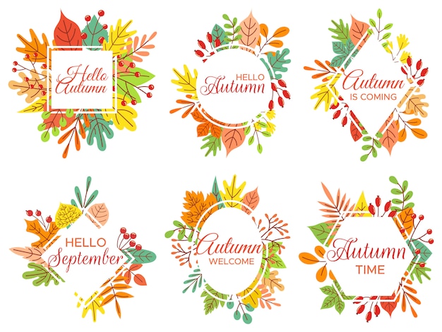 こんにちは秋 ようこそ9月 秋の落ち葉のフレームと黄色の葉のレタリングイラストセット プレミアムベクター