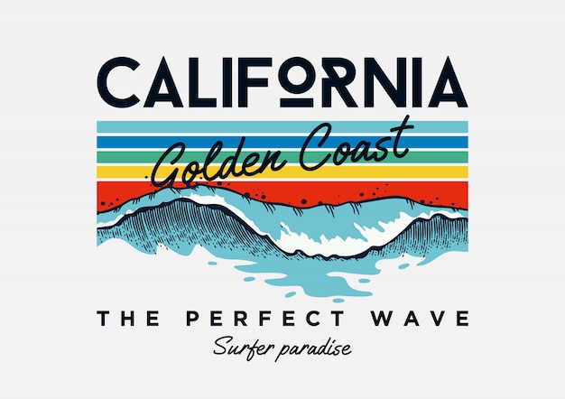 カリフォルニアビーチタイポグラフィスローガンテキスト波イラスト