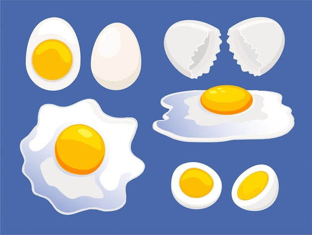漫画卵のアイコンを設定します 全体と壊れた卵 朝食料理の食材