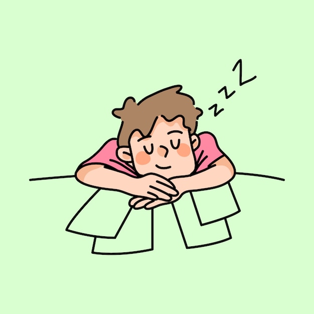 仕事非生産的な労働者かわいい漫画イラストで寝ている怠惰な少年 プレミアムベクター