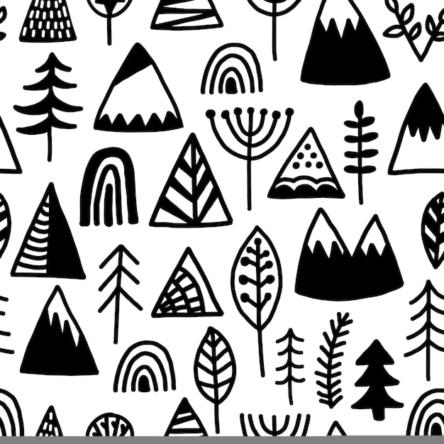屋外のキャンプのシームレスなパターン 背景 壁紙 ラッパー ホリデープリント スクラップブックを使用します 部族スタイルの黒と白の野生の表面印刷 プレミアムベクター