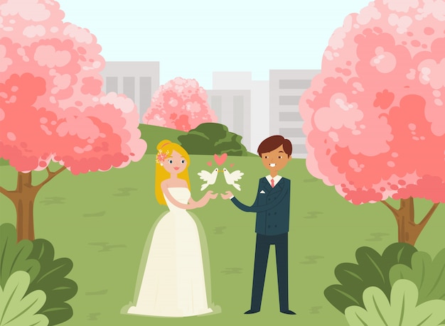 女性の男性の素敵なカップルの結婚式のお祝い イラスト 都市都市国立公園 若い家族はピンクの木の背景と結婚しました プレミアムベクター