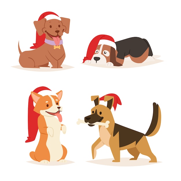 クリスマス犬かわいい漫画の子犬のキャラクターのイラスト家のペットの犬の異なるクリスマスはサンタレッドハットでポーズを祝う プレミアムベクター