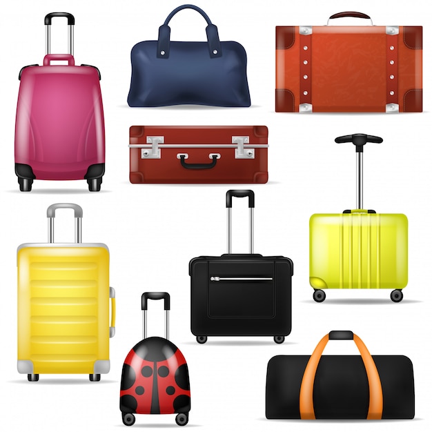 旅行バッグ現実的な荷物スーツケースの旅行休暇観光イラストセット旅行手荷物とツアーの冒険ケースや白い背景で隔離の観光客のためのハンドバッグ プレミアムベクター