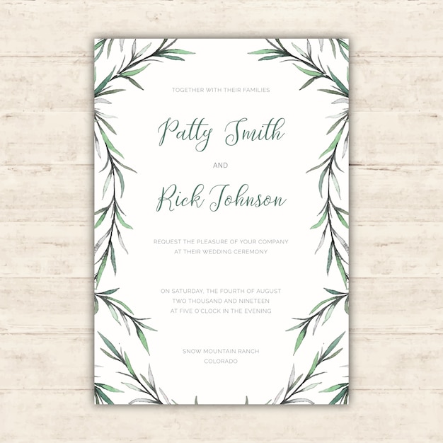 エレガントな結婚式招待状に水彩植物のイラスト 無料のベクター