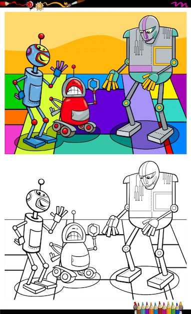 面白いロボットキャラクターグループ塗り絵 プレミアムベクター