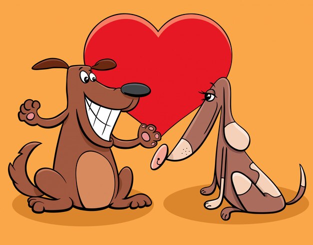 愛の犬カップルキャラクターとバレンタインのイラスト プレミアムベクター