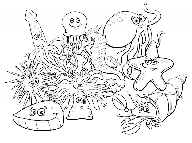 海の生命グループの漫画のキャラクターぬりえの本 プレミアムベクター