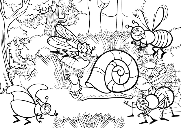 ぬりえの漫画の昆虫 プレミアムベクター