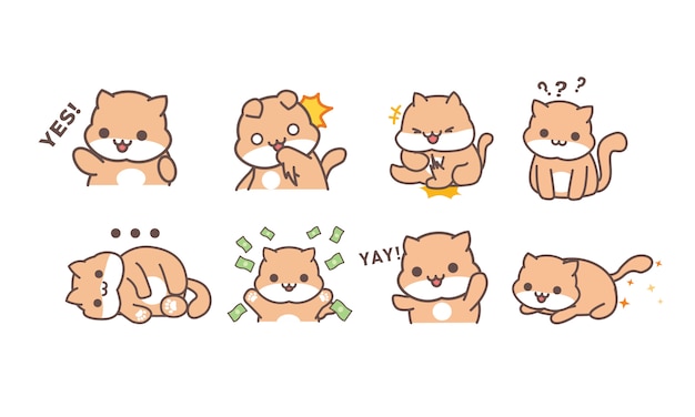 複数の表現で設定されたかわいいふわふわ猫キャラクターステッカー プレミアムベクター