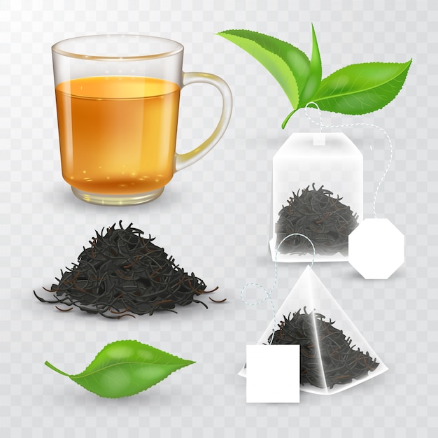 茶要素のコレクションの高詳細なイラスト 液体と乾燥茶が入った透明なカップ プレミアムベクター