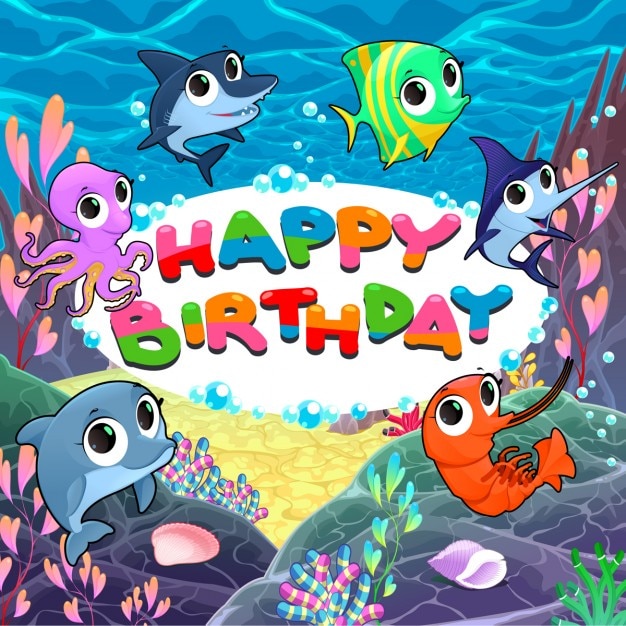 面白い魚との幸せな誕生日 無料のベクター