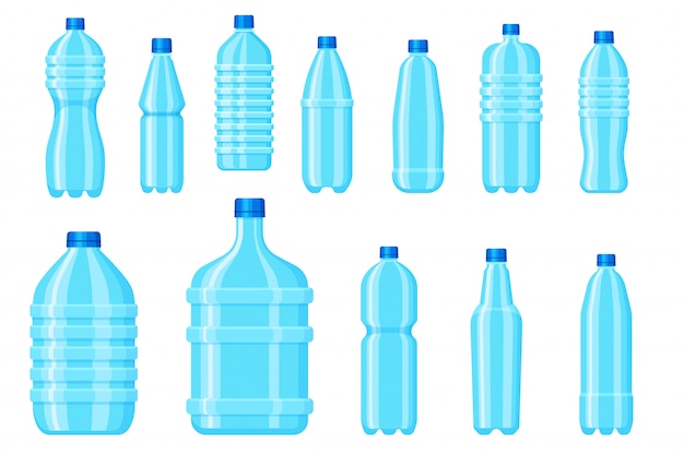 ペットボトル ミネラルと純水の空のドリンクコンテナー 白い背景の空白のアクア包装 飲料や液体製品のペットボトルアイコン プレミアムベクター