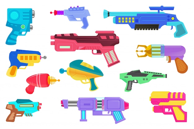 ブラスター 未来的な宇宙ゲームデザインの武器 レーザー拳銃またはブラスター銃セットが分離されました 宇宙軍のレイガン装備 バーチャルリアリティシューティングデバイスのベクトルコレクション プレミアムベクター