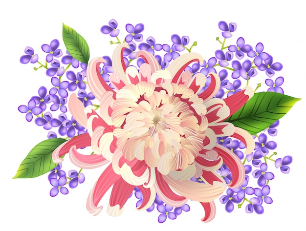 ピンクのアスターとフレックスの春の花束 水彩画 無料のベクター